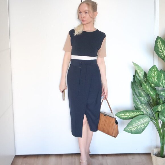 Zarina Smart Navy Blue False Wrap Midi Career Pencil Skirt With Belt S - Picture 8 of 16